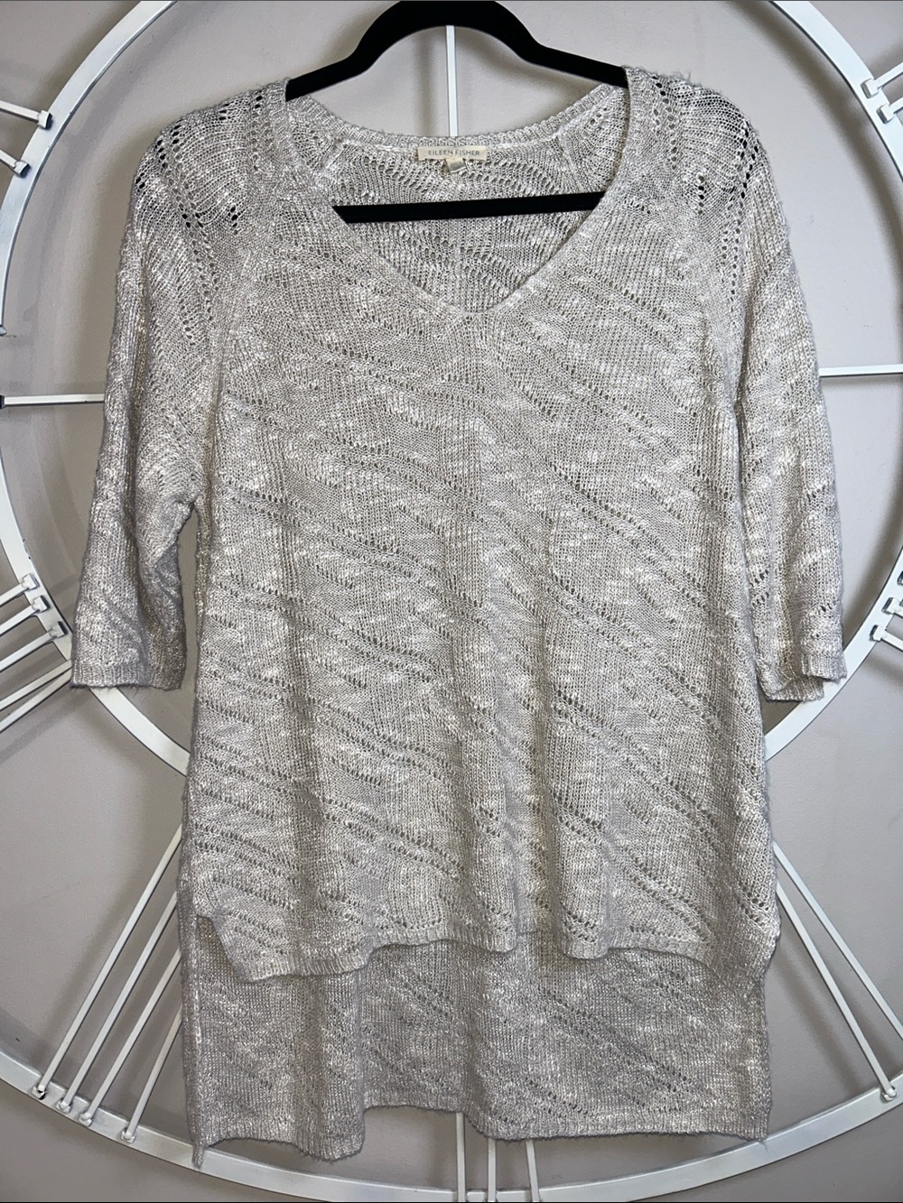 Eileen Fisher Linen Blend Knit V-Neck 3/4 Sleeve Sweater Tunic in Light Oatmeal